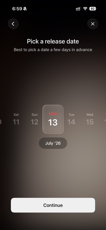 Choosing a release date in the MOOSYC iPhone app